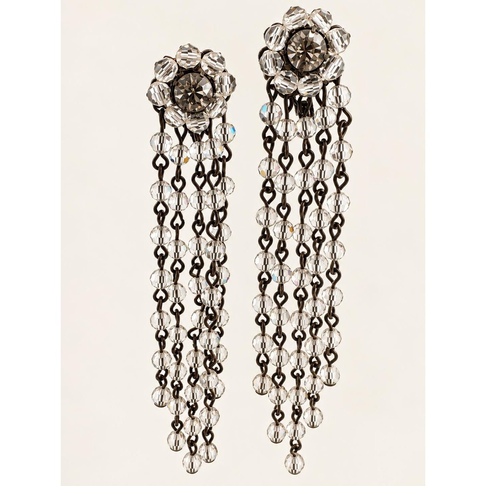 Vtg 50s Crystal Waterfall Earrings Clear Glasshinestone Crystal Beaded Tassel